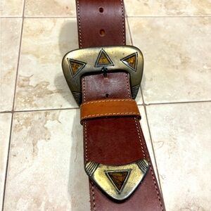Women's Brown Vintage Leather Belt Unique Gold Buckle - Small